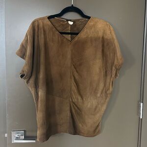 Vintage 100% Suede Leather Top Brown V-Neck Boxy Short Sleeve Medium